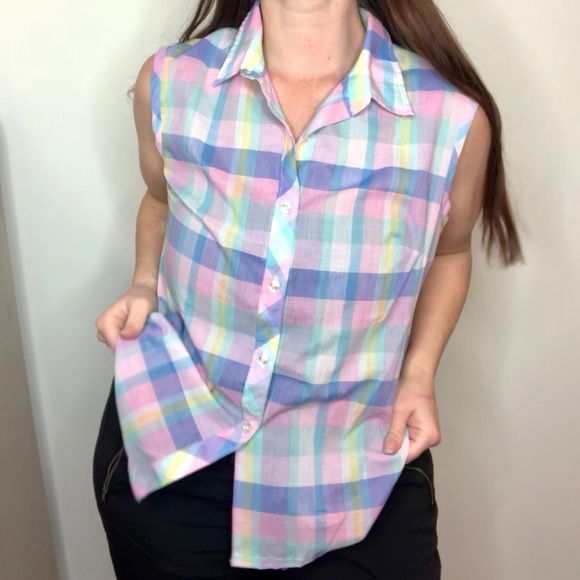 VINTAGE 70s Pastel Retro Blouse Buttoned Tank Top Shirt Checkered Plaid Large - Picture 3 of 9
